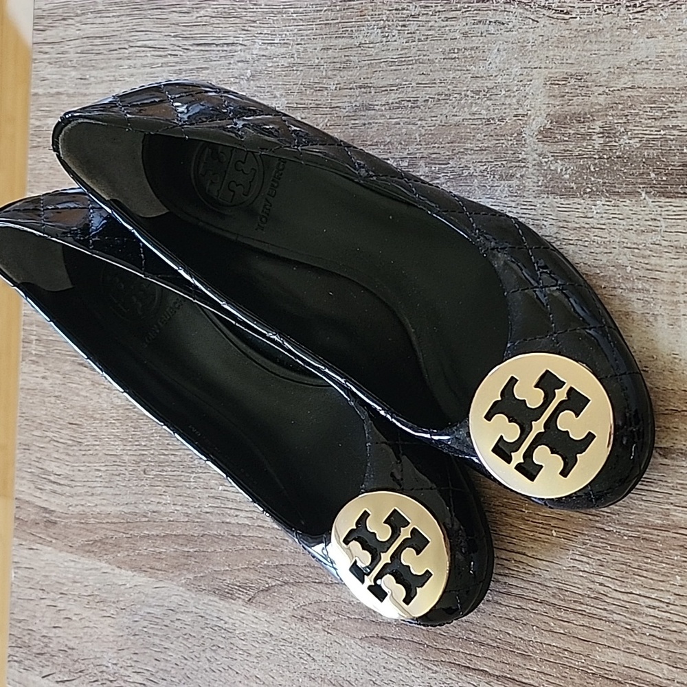 Tory Burch black patent quilted wedges